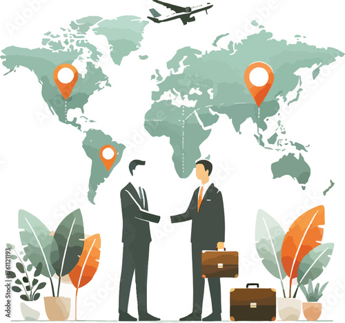 Two businessmen shaking hands with world map and airplane