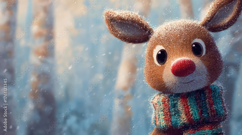 Obraz premium Adorable plush reindeer with bright red nose and festive scarf peeking out from a snowy winter forest background