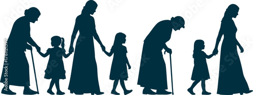 Silhouettes of women and girls depicting stages of life from youth to old age silhouette