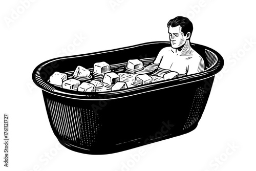 A man sitting in a cold bath with ice cubes floating around, woodcut engraving style, on white background, concept of cold therapy recovery