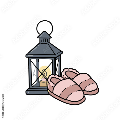Cozy pink slippers beside a lantern with a lit candle  