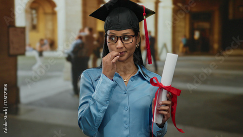Young woman in blue shirt holding diploma and adjusting glasses in an old university indoor setting