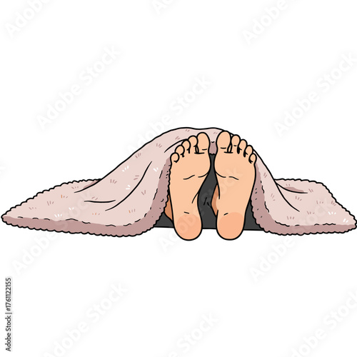 Cartoon feet sticking out from under soft blanket in cozy setting  