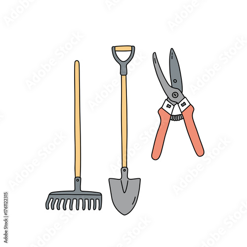 Gardening tools including rake, shovel, and pruner on white background  