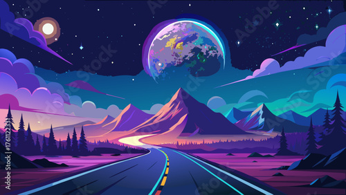 Very beautiful night road glowing under half-moon and Milky Way galaxy, illuminating a mysterious landscape that blends stillness, wonder, and cosmic beauty, symbolizing introspection and infinite 