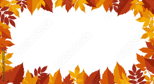 A vibrant decorative border of colorful autumn leaves in warm red, orange, and yellow hues beautifully frames a clean white background, ideal for seasonal designs.