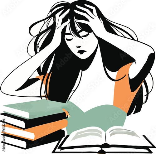 Woman with hands on head stressed over books headache
