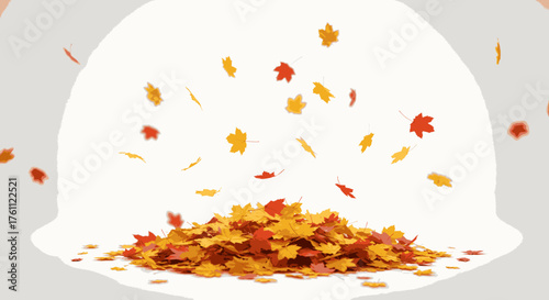 A vibrant pile of colorful autumn leaves accumulates on a clean white surface as more foliage gracefully descends, symbolizing the beautiful change of seasons.
