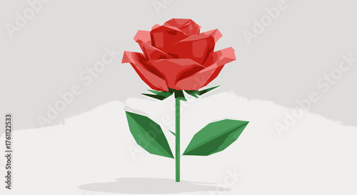A beautifully rendered digital illustration of a vibrant red rose, showcasing a modern geometric low-poly design against a clean, minimalist background.