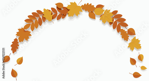 A beautiful autumnal arc decoration featuring various shades of orange, brown, and yellow leaves, perfect for seasonal designs and festive greetings.