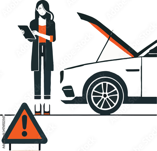 Woman with tablet by car with open hood and hazard sign