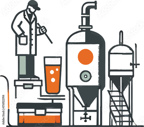 Brewer in lab coat with brewing equipment and glass of beer