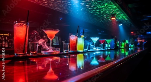 A row of colorful cocktails lined up on a reflective bar counter under vibrant nightclub lighting.