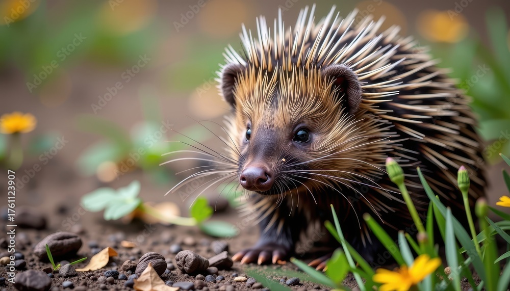 Fototapeta premium Curious porcupine wiggles its nose, exploring its surroundings with twitching whiskers and inquisitive eyes, nose, detail
