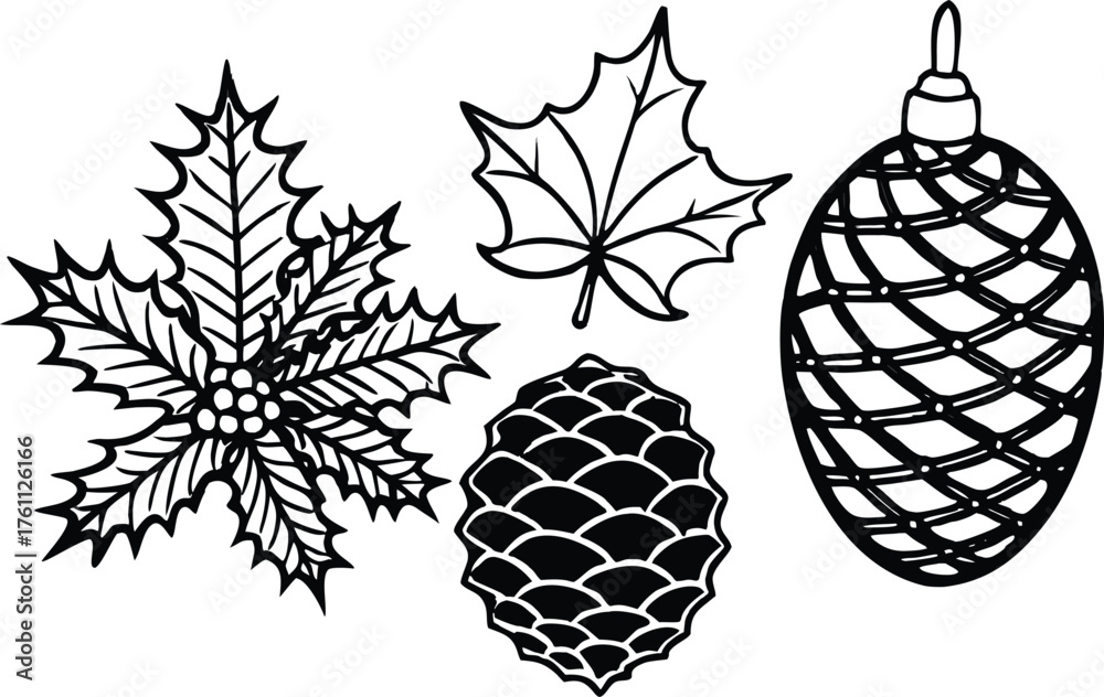 Obraz premium Christmas and Autumn Elements Line Art Keywords christmas holly maple leaf pine cone, bauble.