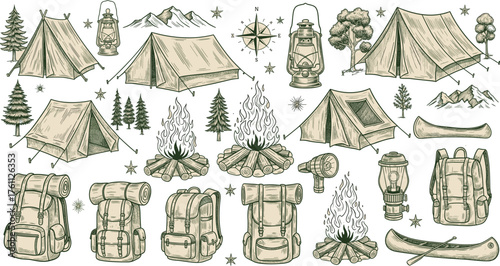 Vintage Camping Gear and Nature Scene Illustration Featuring Tents, Backpacks, Lanterns, Canoes, Mountains, Trees, and Campfires in Sketch Style