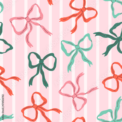 Playful Christmas Bows, Hand-drawn festive bows on soft pink stripes cheerful and sweet Christmas design