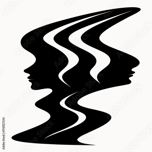 Silhouette of two faces with wavy lines creating a distorted and abstract visual representation of duality
