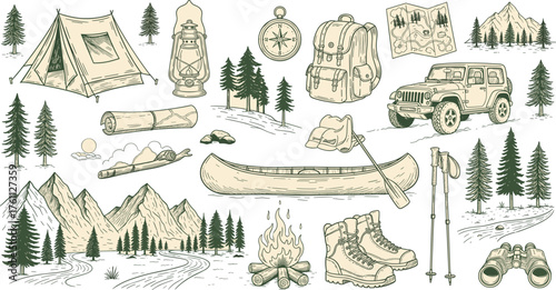 Camping and Outdoor Adventure Illustration Featuring Tent, Canoe, Backpack, Campfire, Compass, Jeep, Mountains, Trees, River, and Gear