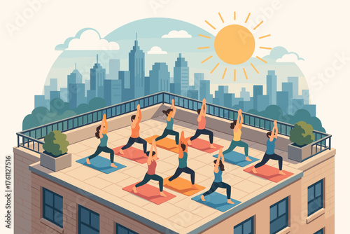 Group rooftop yoga class in urban setting with diverse adults exercising under the sun