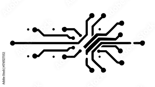 Stylized black and white illustration of a central processing unit with connected nodes and lines