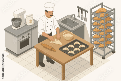 Asian male chef baking croissants in kitchen with oven table and ingredients