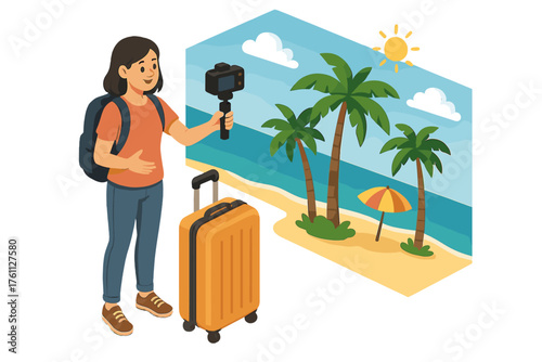 Asian female teen vlogger exploring virtual tropical beach with backpack and suitcase