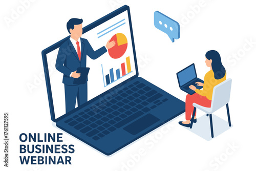 Virtual business webinar: male presenter with graphs engages female attendee on laptop