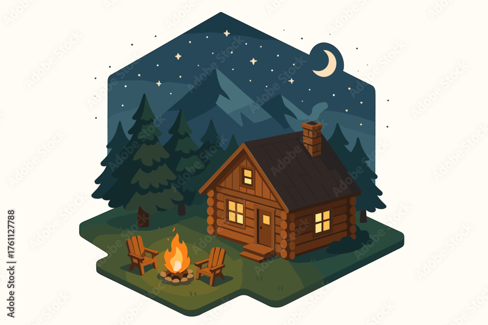 Naklejka premium Cozy log cabin at night with campfire in scenic mountain forest setting