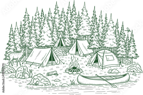 Forest Campsite Scene with Tents, Canoe, Campfire, Trees, Deer, and Bird Illustrating Group Camping and Outdoor Nature Adventure