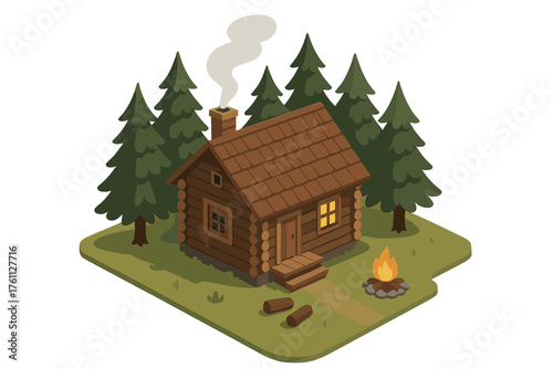 Cozy log cabin in forest clearing with campfire at night