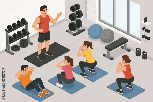 Fitness class with diverse young adults exercising in gym setting