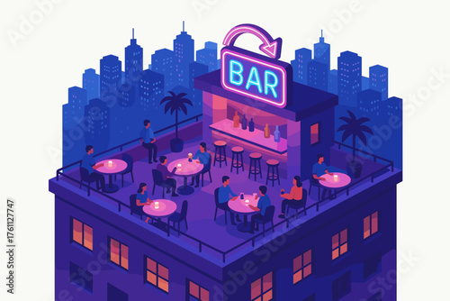 Rooftop night bar with neon sign in cityscape setting