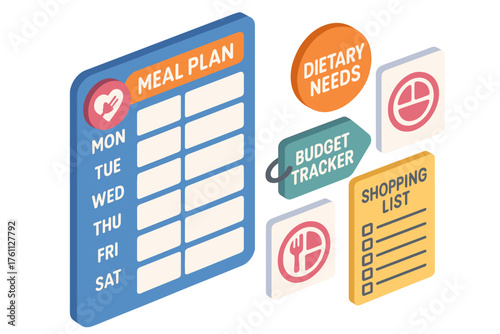 Weekly meal plan organizer with dietary needs and budget tracker icons