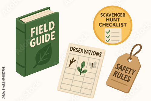 Nature exploration essentials: field guide, checklist, observations, safety tag