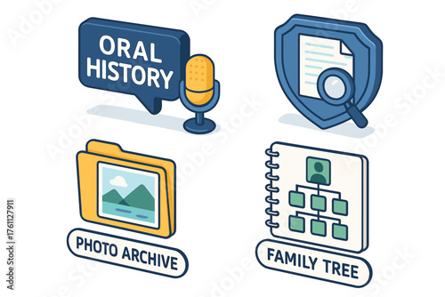 Oral history, photo archive, document search, family tree icons