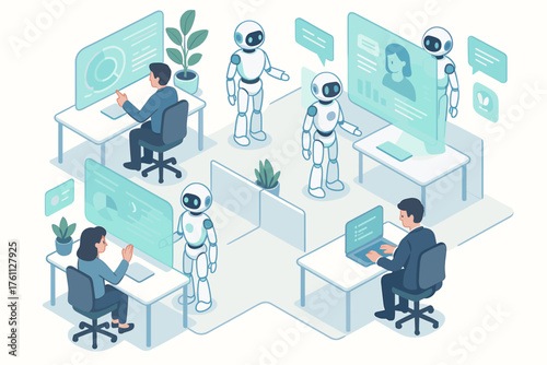Futuristic office with robots and diverse colleagues in a tech-driven environment