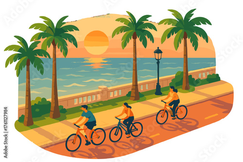 Three adults cycling by ocean at sunset on scenic promenade with palm trees