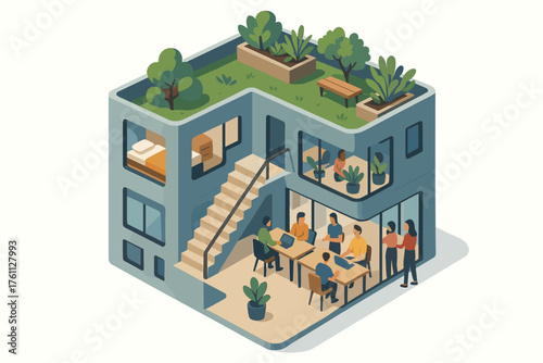 Modern co-working space with rooftop garden and meeting rooms in isometric design