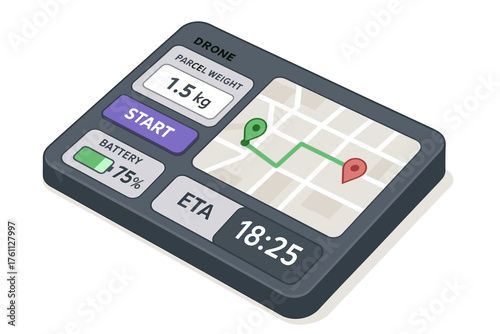 Drone delivery interface with navigation map, parcel details, and battery status
