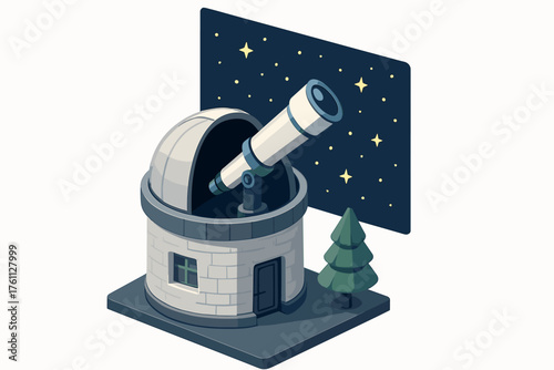 Isometric observatory with telescope under starry sky at night