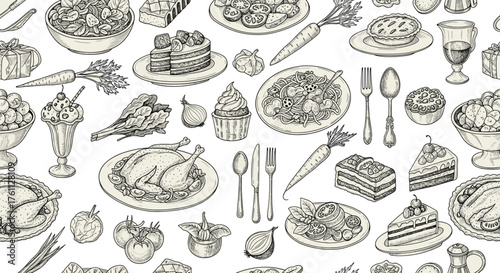 Hand-Drawn Seamless Pattern of Diverse Food Dishes Featuring Chicken, Pasta, Cake, Pie, Ice Cream, Vegetables, and Utensils