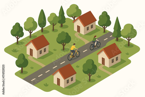 Caucasian adults cycling through idyllic suburban neighborhood with trees and houses
