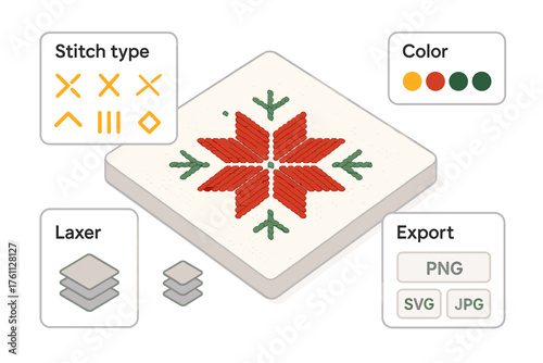 Cross stitch design template with color options and export formats