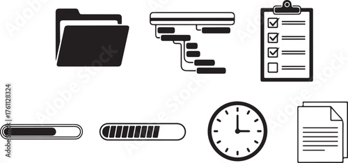 Black and white business icons for planning organization timeline progress checklist and time management vector
