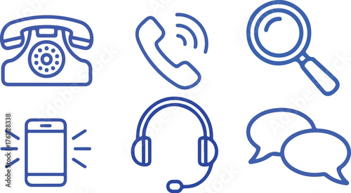 Set of communication and contact icons vintage phone smartphone headphones chat bubbles magnifying glass vector