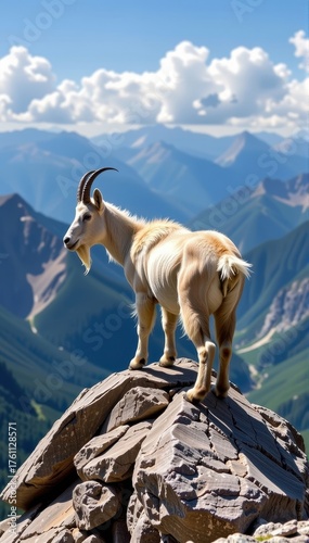 Majestic mountain goat stands on a rocky outcrop, surveying the vast alpine landscape, wilderness, solitude