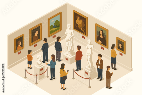 Diverse visitors appreciating classical art in museum gallery