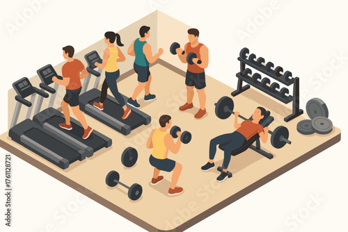 Diverse young adults exercising in gym with equipment