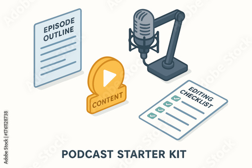 Podcast starter kit: microphone, content icon, episode outline, editing checklist